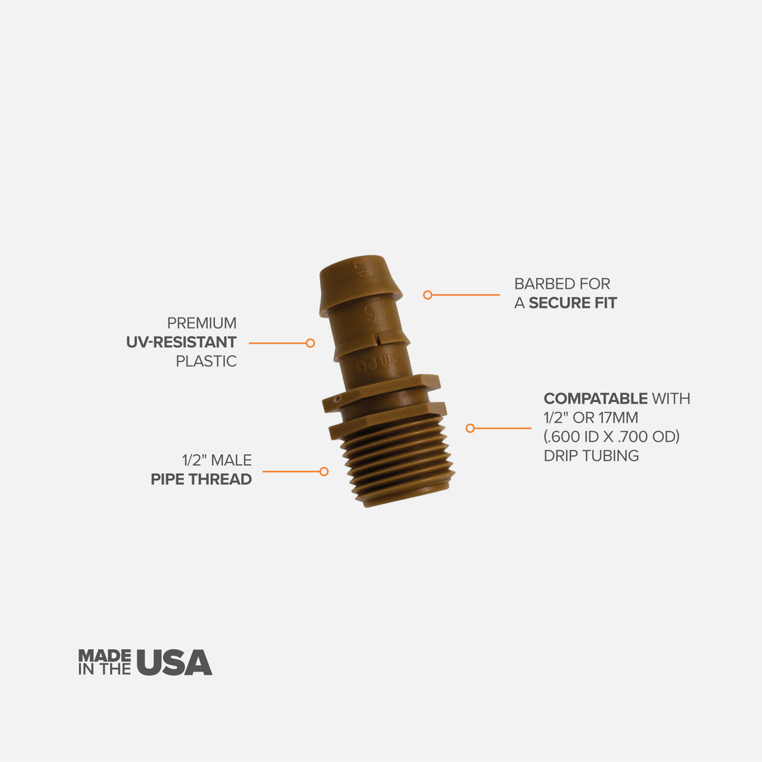 1/2" MPT Barbed Drip Tube Adapter (3 Pack)